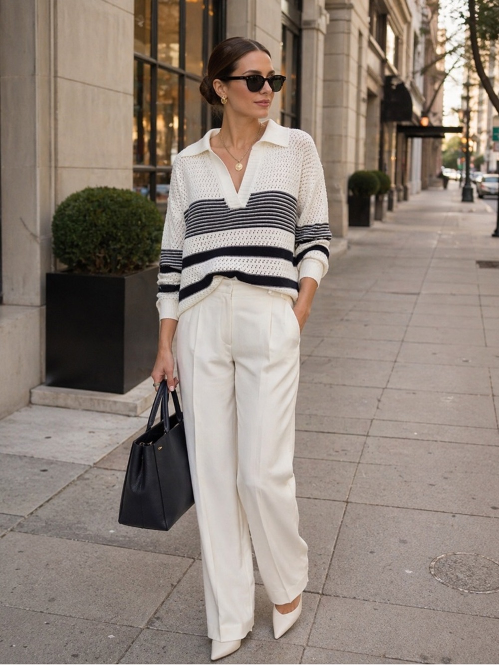 FOR THE REPUBLIC Women's Ivory & Navy Open-Knit V-Neck Collar Stripe Sweater XL